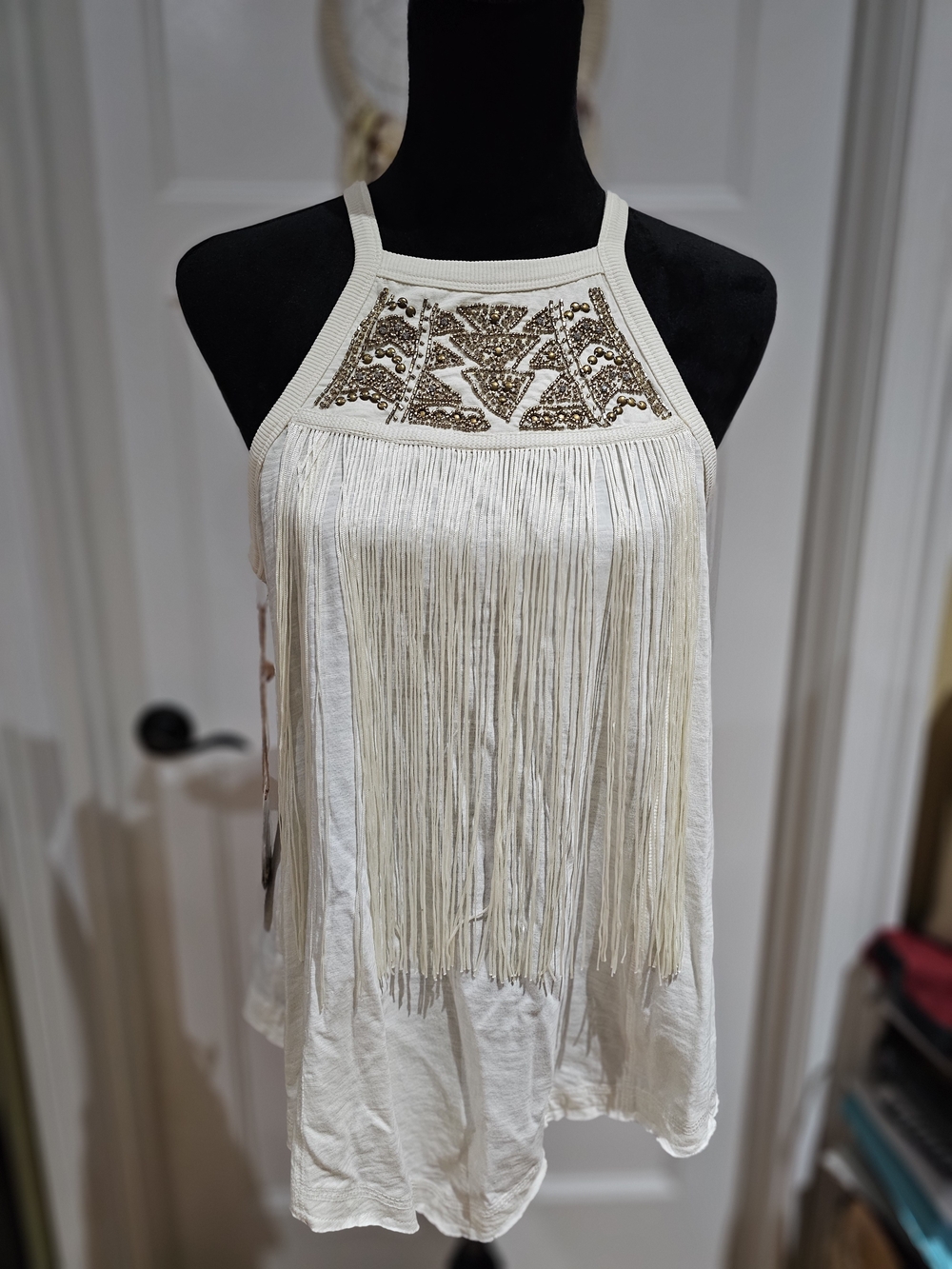 Shyanne Cream Beaded Fringe Sleeveless Top, NWT